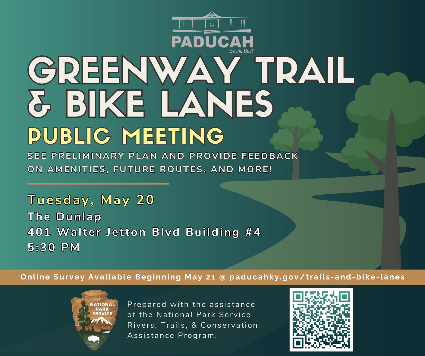 Cartoon trail with National Park Service logo and a QR code to the webpage with the meeting details.